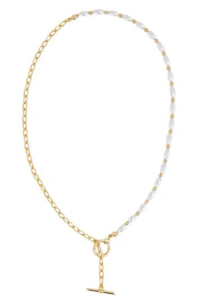 Sterling Forever Emersyn Faux Pearl Bar & Toggle Pendant Necklace In Gold