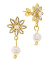 Sterling Forever Esti Cz Flower & Pearl Drop Stud Earrings In Gold