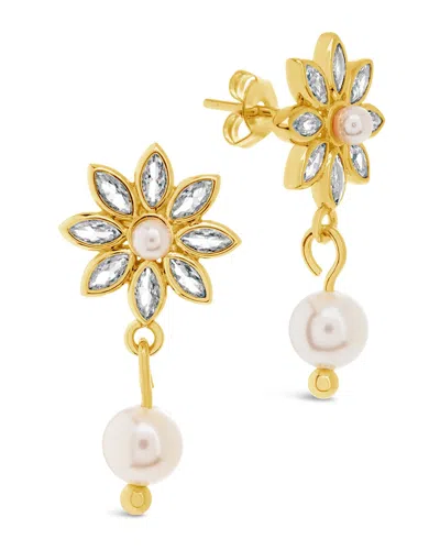 Sterling Forever Esti Cz Flower & Pearl Drop Stud Earrings In Gold