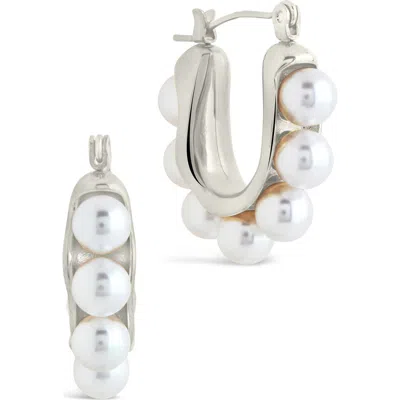 Sterling Forever Faux Pearl Hoop Earrings In Silver