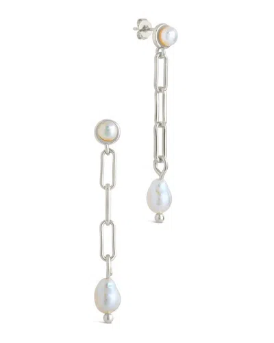 Sterling Forever Fayelynn Pearl & Chain Drop Stud Earrings In Silver