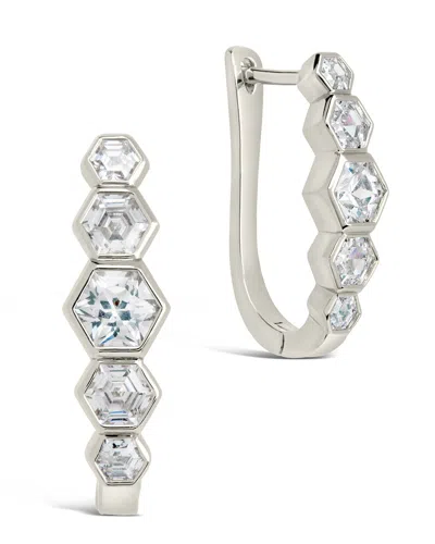 Sterling Forever Gia Geometric Cz Latch Hoop Earrings In Silver