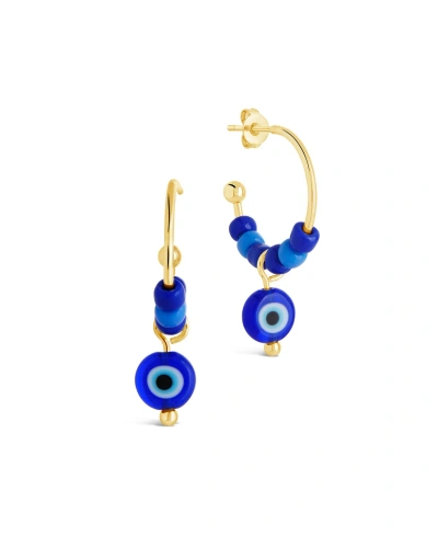 Sterling Forever Gold-tone Or Silver-tone Blue Beaded Accent Sibyl Hoops In Blue/gold