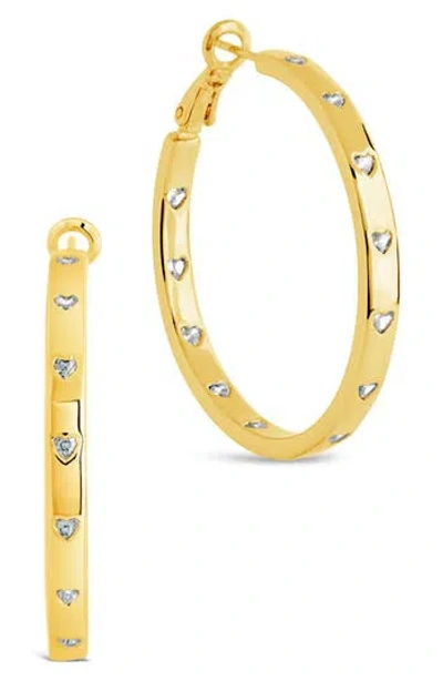 Sterling Forever Heart Cz Station Hoop Earrings In Gold