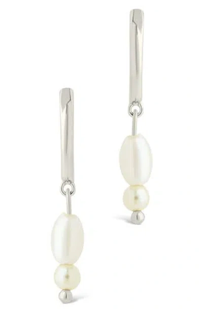 Sterling Forever Ilaria Faux Pearl Drop Dangle Hoop Earrings In Silver