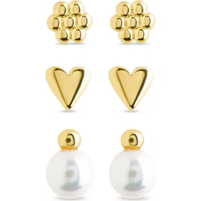 Sterling Forever Irene Faux Pearl Set Of 3 Assorted Stud Earrings In Gold