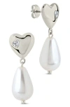 Sterling Forever Josephine Cubic Zirconia Heart 5–5.5mm Pearl Drop Earrings In Silver