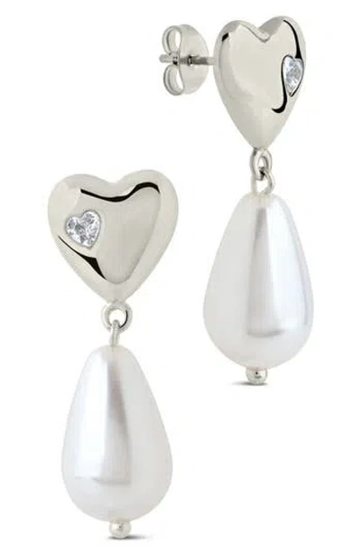 Sterling Forever Josephine Cubic Zirconia Heart 5–5.5mm Pearl Drop Earrings In Silver