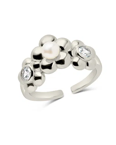 Sterling Forever June Cz & Pearl Blossom Open Band Ring In Silver