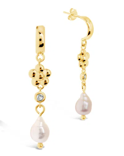 Sterling Forever June Cz Flower & Pearl Hoop Earrings In Gold