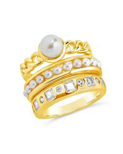 Sterling Forever Kimber Pearl & Cz Stacking Ring Set Of 3 In Gold