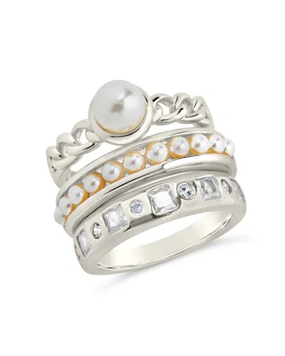 Sterling Forever Kimber Pearl & Cz Stacking Ring Set Of 3 In Silver