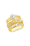 Sterling Forever Kimber Set Of 3 Faux Pearl & Cubic Zirconia Stackable Rings In Gold
