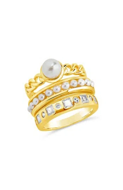 Sterling Forever Kimber Set Of 3 Faux Pearl & Cubic Zirconia Stackable Rings In Gold
