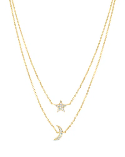 Sterling Forever Layered Cz Crescent & Star Necklace In Gold