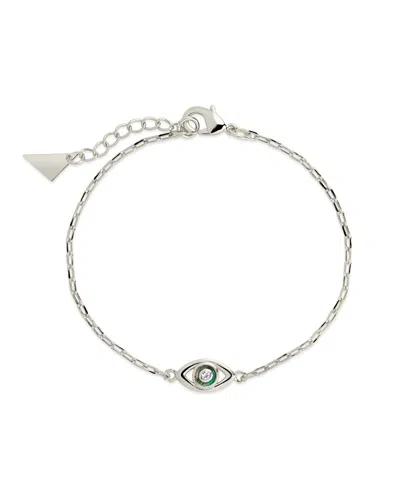 Sterling Forever Leidy Cz & Mother Of Pearl Evil Eye Station Bracelet In Silver