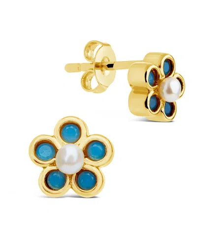 Sterling Forever Lilo Turquoise & Pearl Flower Stud Earrings In Gold