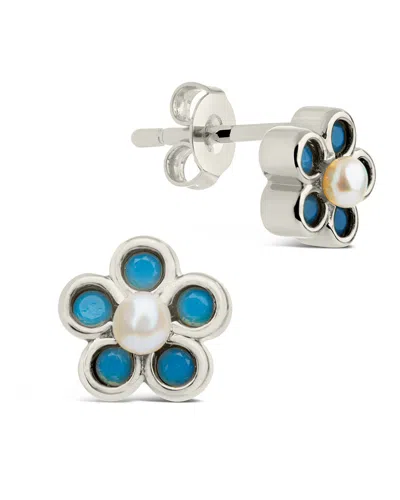 Sterling Forever Lilo Turquoise & Pearl Flower Stud Earrings In Silver