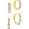 Sterling Forever Lioren Set Of 2 Assorted Cubic Zirconia Micro Huggie Hoop Earrings In Gold