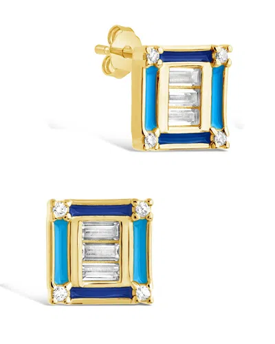 Sterling Forever Luella Cz & Enamel Square Stud Earrings In Gold