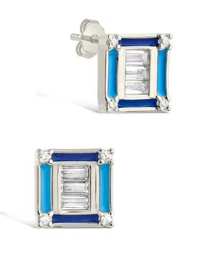 Sterling Forever Luella Cz & Enamel Square Stud Earrings In Silver
