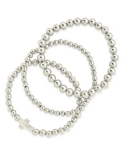 Sterling Forever Mother Of Pearl Cross Beaded Bracelet Set In Silver