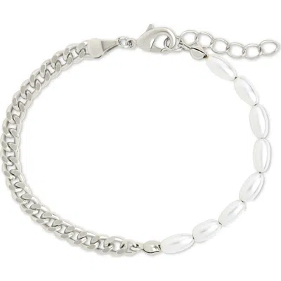 Sterling Forever Nell Curb Chain & Faux Pearl Beaded Bracelet In Silver