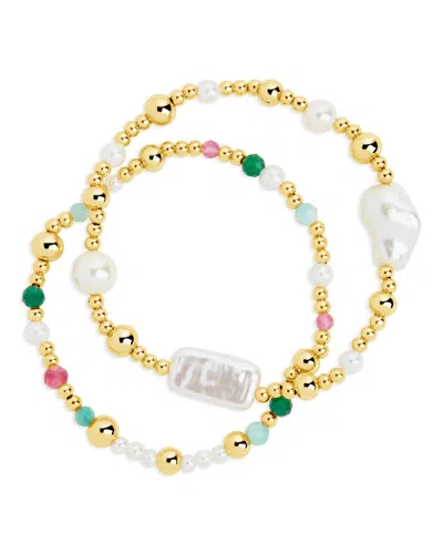 Sterling Forever Nell Pearl Stretch Bracelet Set In Gold