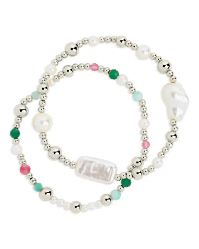 Sterling Forever Nell Pearl Stretch Bracelet Set In Silver
