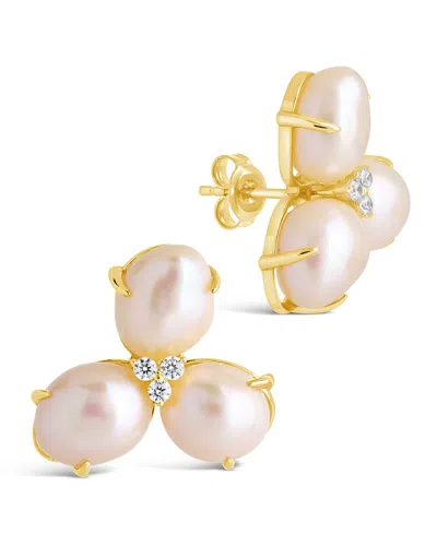 Sterling Forever Olive Cz Triple Pearl Stud Earrings In Gold