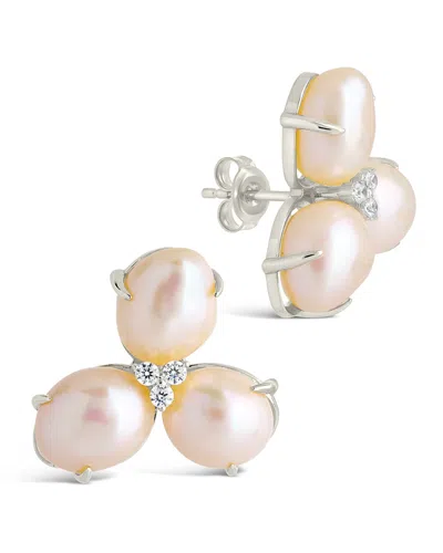 Sterling Forever Olive Cz Triple Pearl Stud Earrings In Silver