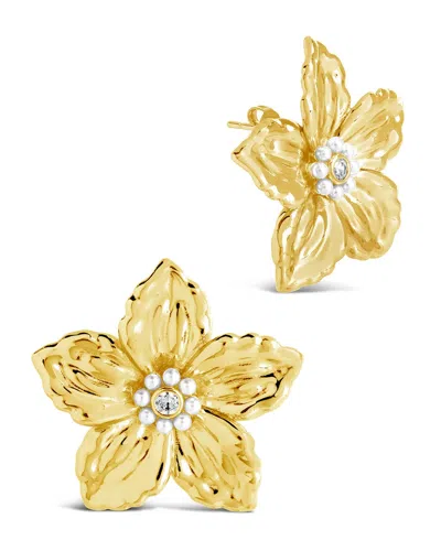 Sterling Forever Ottilia Pearl & Cz Flower Stud Earrings In Gold