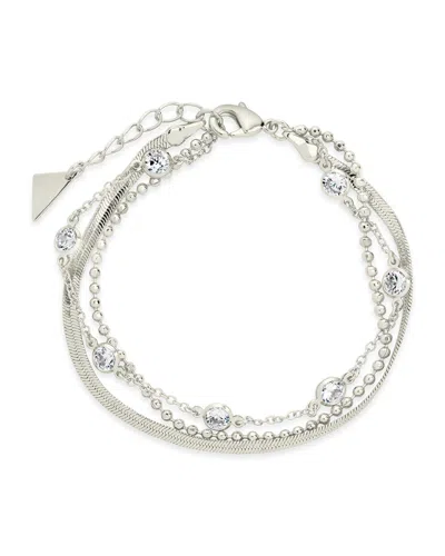 Sterling Forever Paisley Cz & Layered Chain Bracelet In Metallic