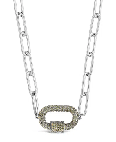 Sterling Forever Pave Cubic Zirconia Carabiner Linked Lock Necklace In Silver