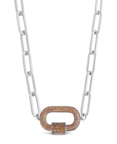 Sterling Forever Pave Cz Carabiner Linked Lock Necklace In Red