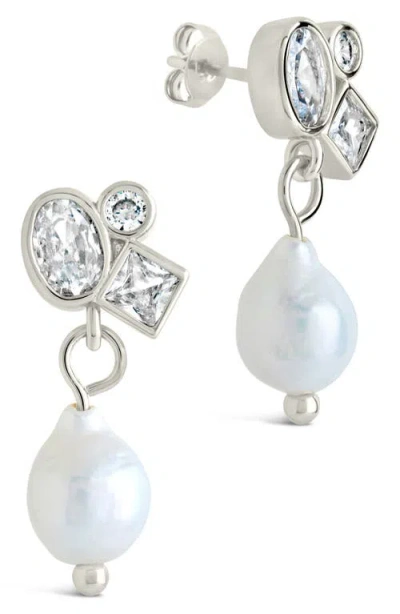 STERLING FOREVER STERLING FOREVER PENNY CUBIC ZIRCONIA CLUSTER & FRESHWATER PEARL DROP EARRINGS