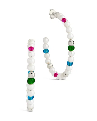 Sterling Forever Polly Pearl & Bead Hoop Earrings In Silver