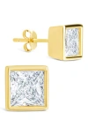 Sterling Forever 14k Over Silver Cz Princess Cut Bezel Set Stud Earrings In Gold
