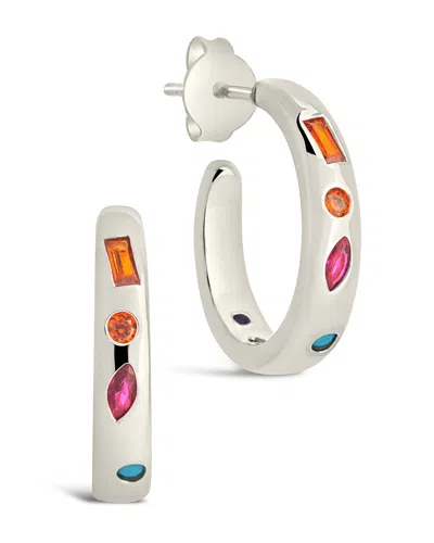Sterling Forever Rainbow Cz Studded Hoop Earrings In Silver