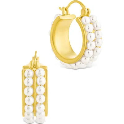 Sterling Forever Regina Double Faux Pearl Hoop Earrings In Gold