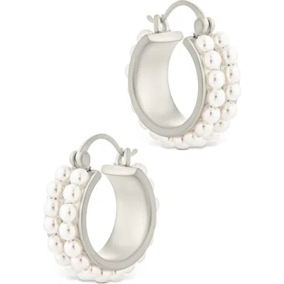 Sterling Forever Regina Double Faux Pearl Hoop Earrings In Silver