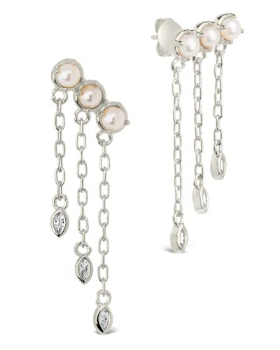 Sterling Forever Rhiannon Dangling Cz & Pearl Tiered Stud Earrings In Silver