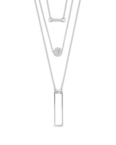 Sterling Forever Rhodium Plated Cz Disk & Open Bar Layered Necklace In Metallic
