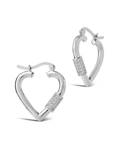 Sterling Forever Rhodium Plated Cz Heart Carabiner Hoops In Metallic