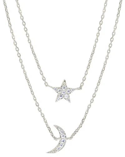 Sterling Forever Rhodium Plated Cz Layered Crescent & Star Necklace In Metallic