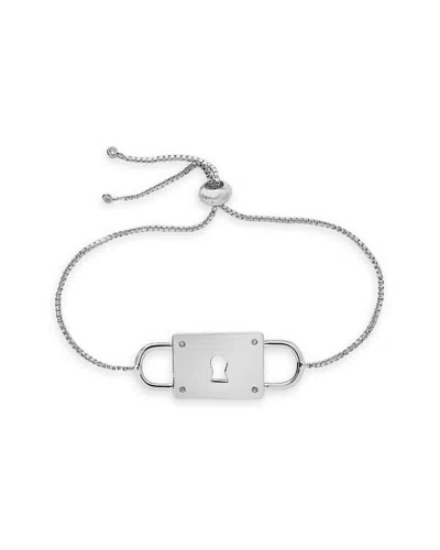 Sterling Forever Rhodium Plated Cz Padlock Bolo Bracelet In Metallic