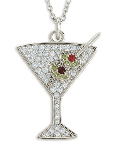 Sterling Forever Rhodium-plated Brass Pave Cubic Zirconia Martini Pendant Necklace In Metallic