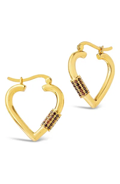 Sterling Forever Rootbeer Cz Heart Carabiner Lock Hoop Earrings In Gold