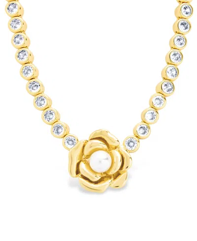 STERLING FOREVER ROSA CULTIVATED PEARL FLOWER CUBIC ZIRCONIA TENNIS NECKLACE