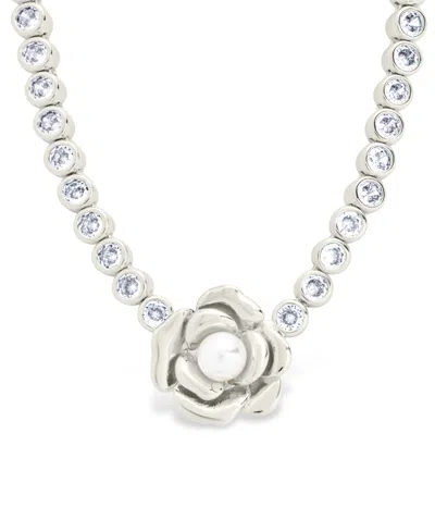 STERLING FOREVER ROSA CULTIVATED PEARL FLOWER CUBIC ZIRCONIA TENNIS NECKLACE